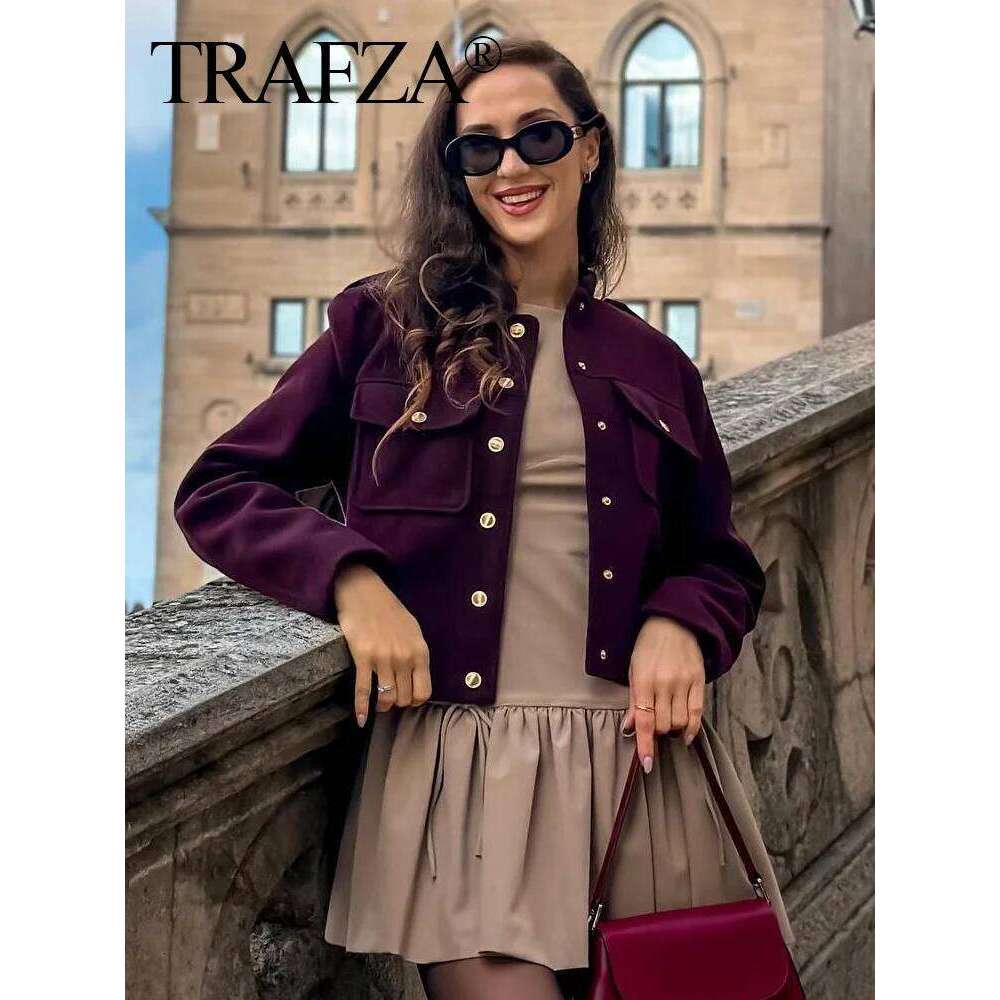 hoodie Fashion Women Soft Tweed Bomber Jacket O-Neck Long Sleeve Pockets Buttons Loose Woolen Coat Female Streetwear jacket