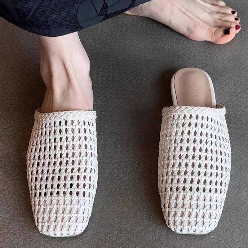 French Fashion Sandals Hand-Woven Mesh Cap-Toe Slippers Ballet Square-Toe Flat Hot Hollow Large Size Women's Shoes