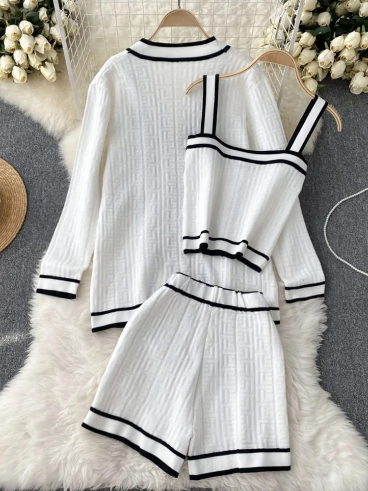 Casual Long Sleeve V Neck Cardigan Jacket Sling Vest High Waist Shorts High Quality Chic Button Knitted Vintage 3 Piece Sets 250723