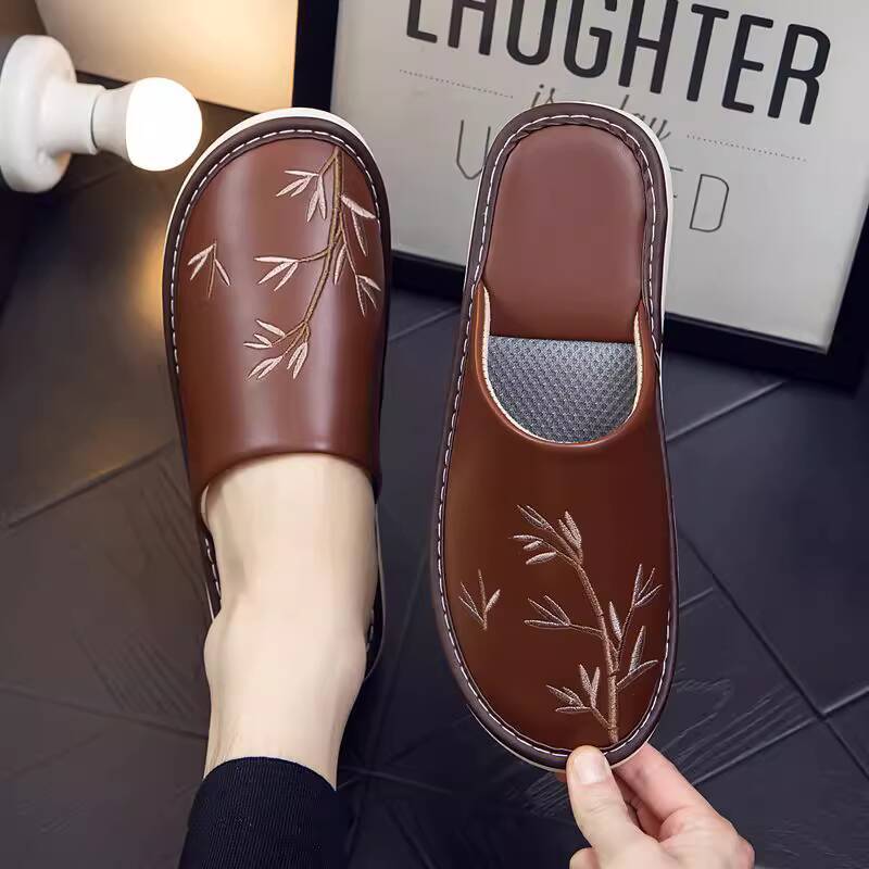 Spring and Autumn New Chinese Style Household Silent Leather Surface Waterproof Closed-Toe Slippers Indoor Home Non-Slip Odor-Resistant Unisex Summer