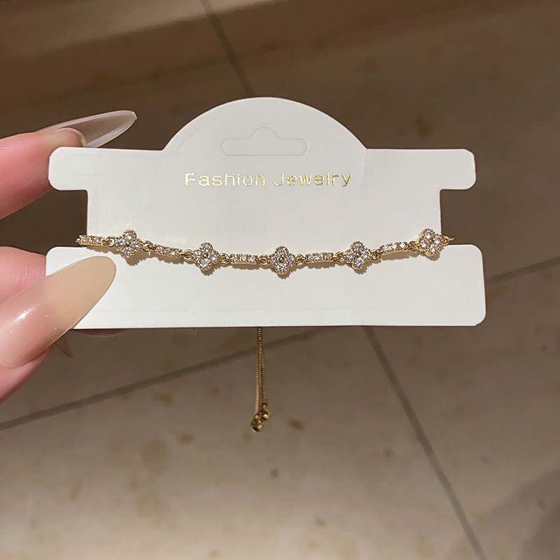Gold - Tone Bracelet With Rhinestone - Studded Clover And Diamond Shapes Elegant Party Jewelry And Gift For Her High Quality And Sparkling Jewelry