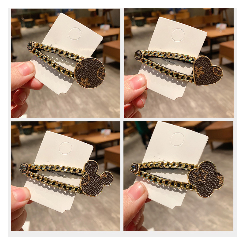 Classic Brand Hair Leather Print Metal Chain Edge Clamp Retro Style Side BB Clip Hair Accessory