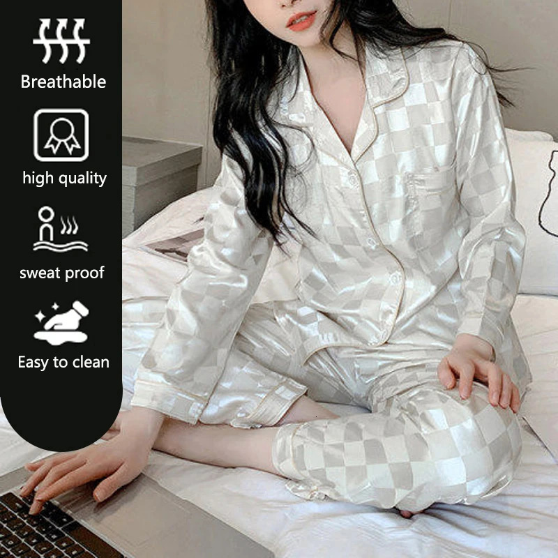 Plus Size Women Pajamas Set Long Sleeves Home Wear Two-Piece Cardigan Solid Plaid Sleepwear Sexy Nightwear Autumn Winter 250723