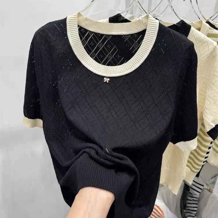 Women's Sweaters Ice Silk Knitted Sweater Round Neck Contrasting Color Hollow Summer Fashion Loose Slim Versatile Short-sleeved Top For TUES