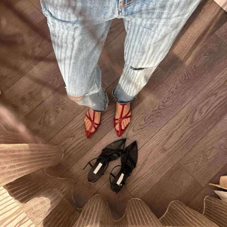 2025 Summer New Korean Style Soft Leather Pointed Cross Strap Kitten Sandals for Women Open Toe Versatile Thin Heel Slippers