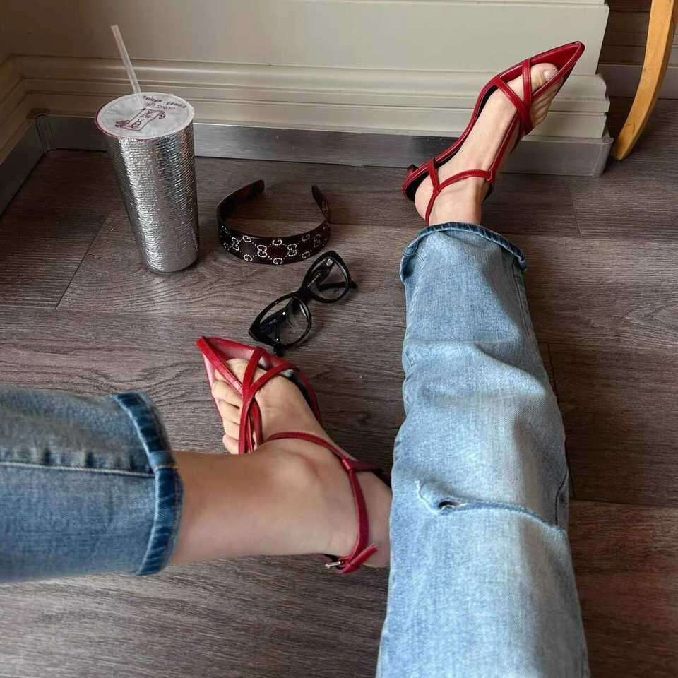 2025 Summer New Korean Style Soft Leather Pointed Cross Strap Kitten Sandals for Women Open Toe Versatile Thin Heel Slippers