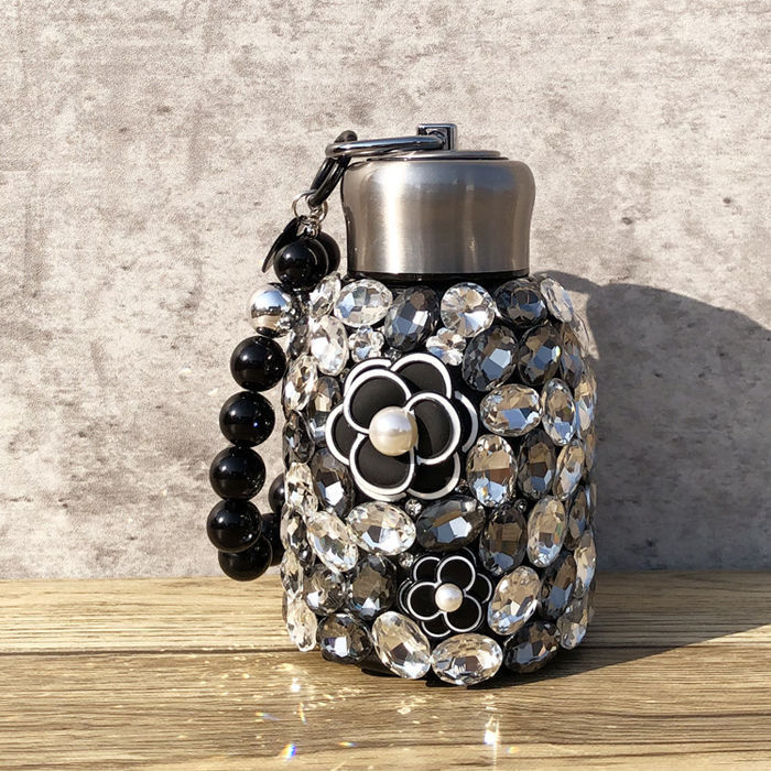 Drinking Ware Thermos Flask Camellia Pearl Rhinestone Decorated Insulated Cup Stainless Steel Heat Retaining Cup Suitable for Outdoor Travel Office an