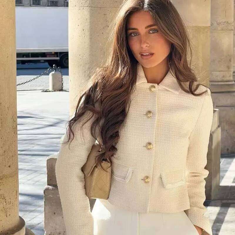 hoodie New Women With Pockets Tweed Jacket Long Sleeve Lapel Collar Female Cropped Coat High Street Elegant Outerwear jacket