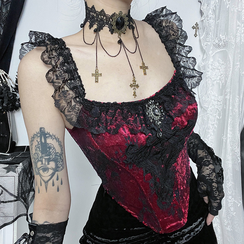 Goth Sexy Lace Trim Off Shoulder Corset Tank Tops for Women Y2K Vintage Aesthetic Black Red Velvet Backless Crop Tops Camisole 240926
