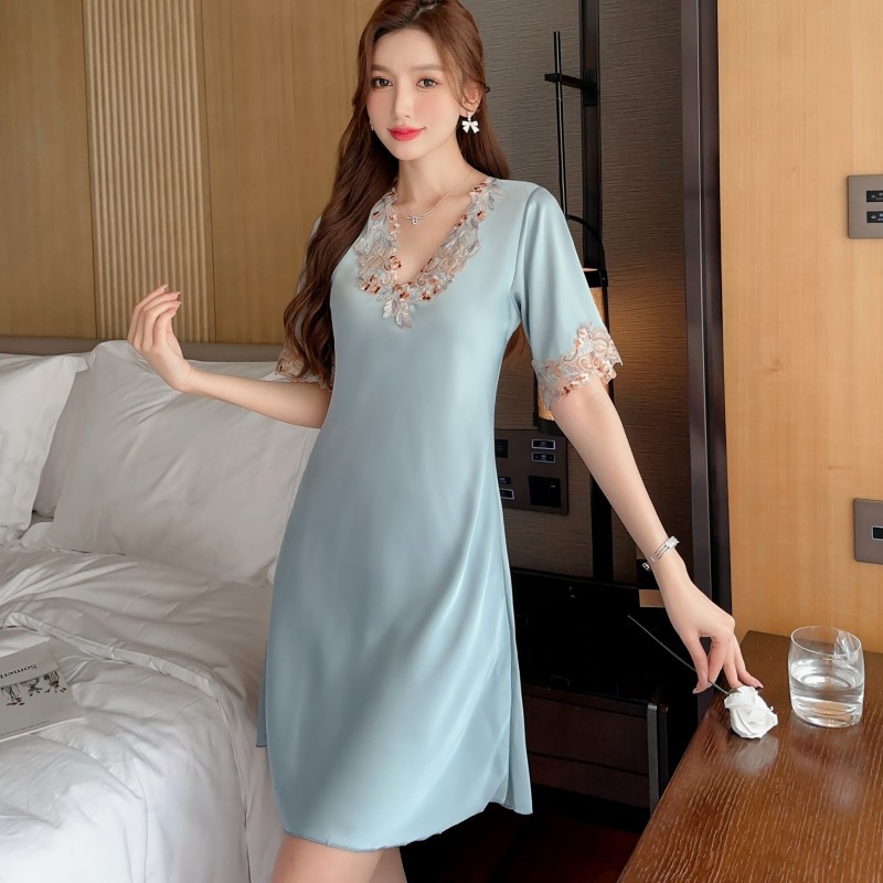 B985-Pajamas women's summer sexy ice silk nightdress thin lace high-end short-sleeved lace large size loose home clothes
