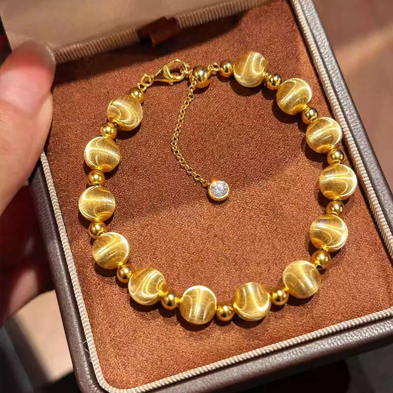 Real Gold Plated Cat Eye Brushed Round Ball for Women, Non-Fading, High-End Feel, Niche New Chinese Style Bracelet Jewelry