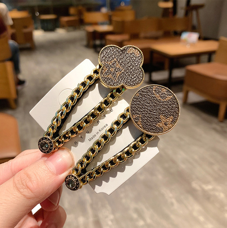 for woman Luxury Designer Heart Clips With Metal Chain Edge - Faux Leather Accent Retro Style Side Hair Clamp For Women And Girls Free Ship