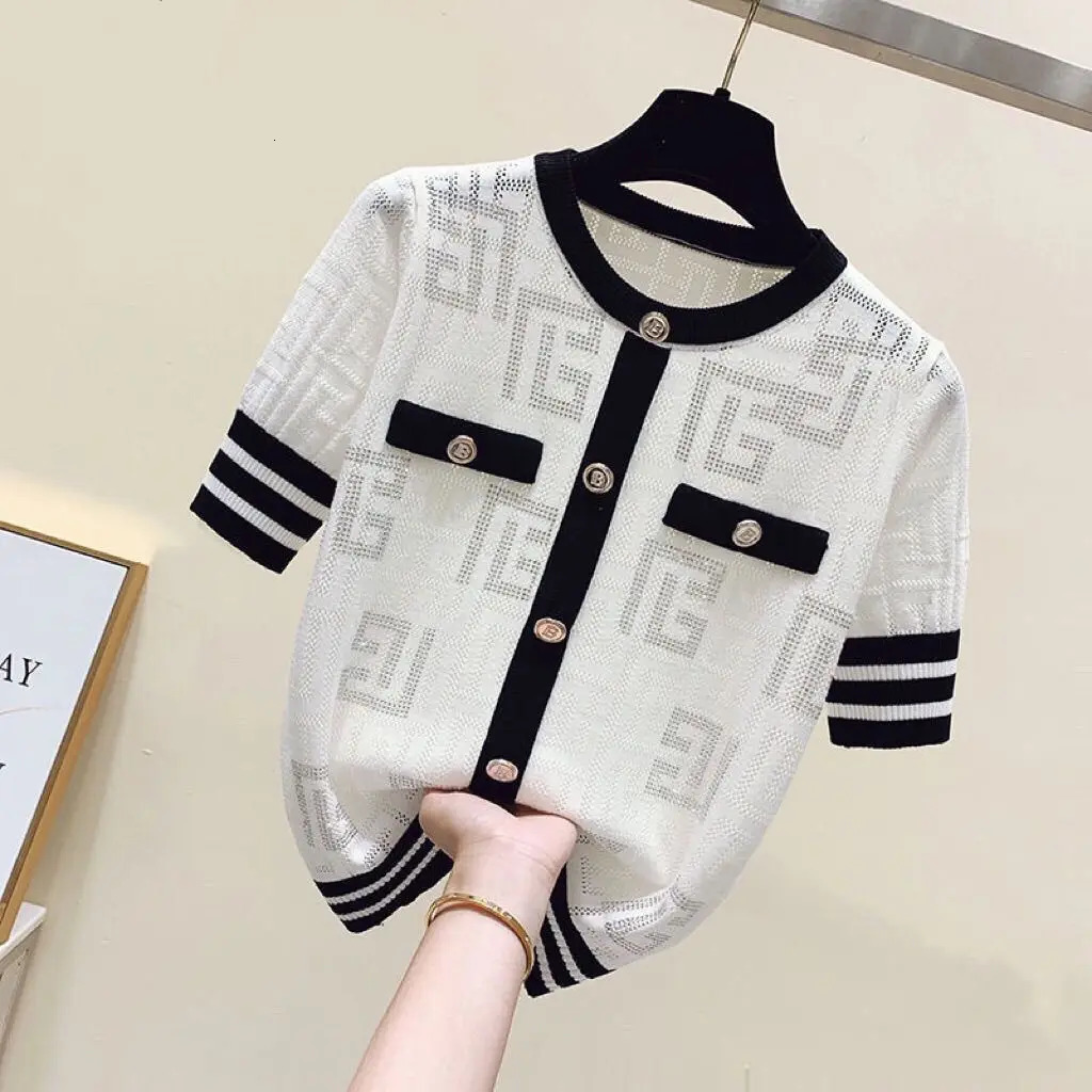 Highend Shiny Diamond Ice Silk Tshirt Thin Tops Button Summer Knit Tees Short Sleeve Striped Womens Clothing Outerwear 250723