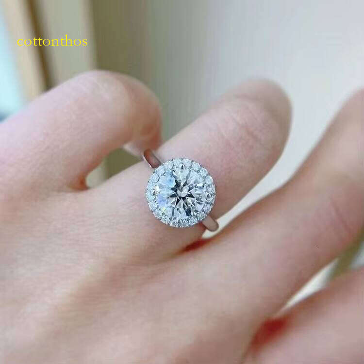 GRA Certified Fancy Round Shape White Color Moissanite Halo Solid Gold Dia Wedding Ring