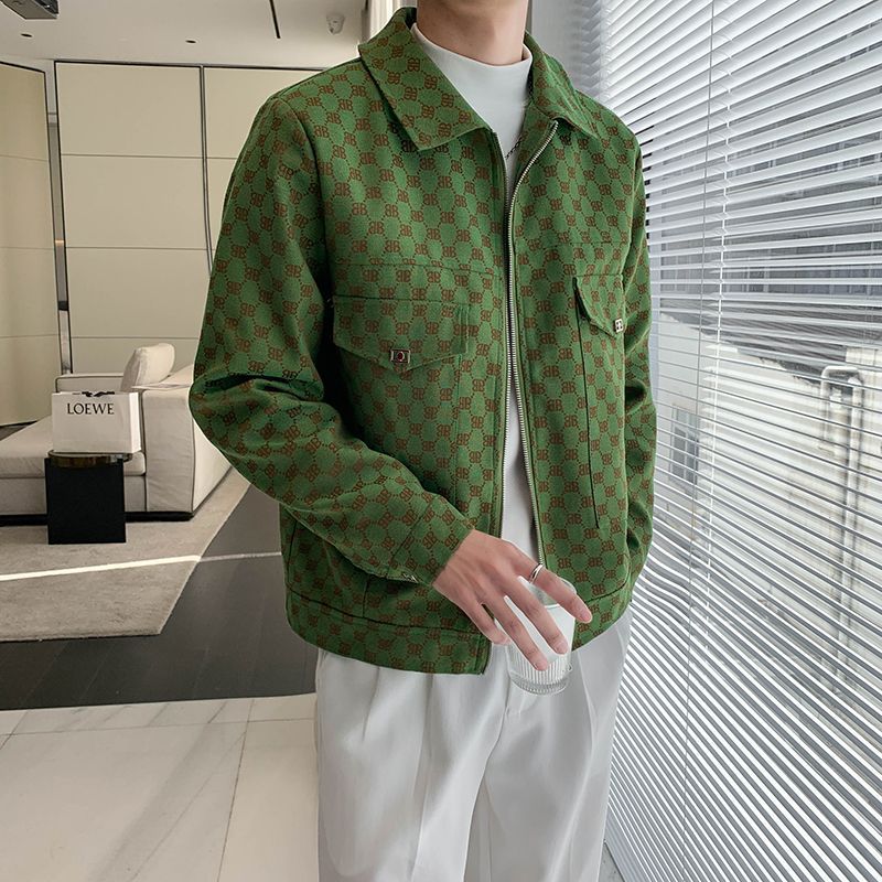 Free shipping Flip collar short item Jacquard casual jacket Male Korean version of niche high-end jacket, cool and stylish top new