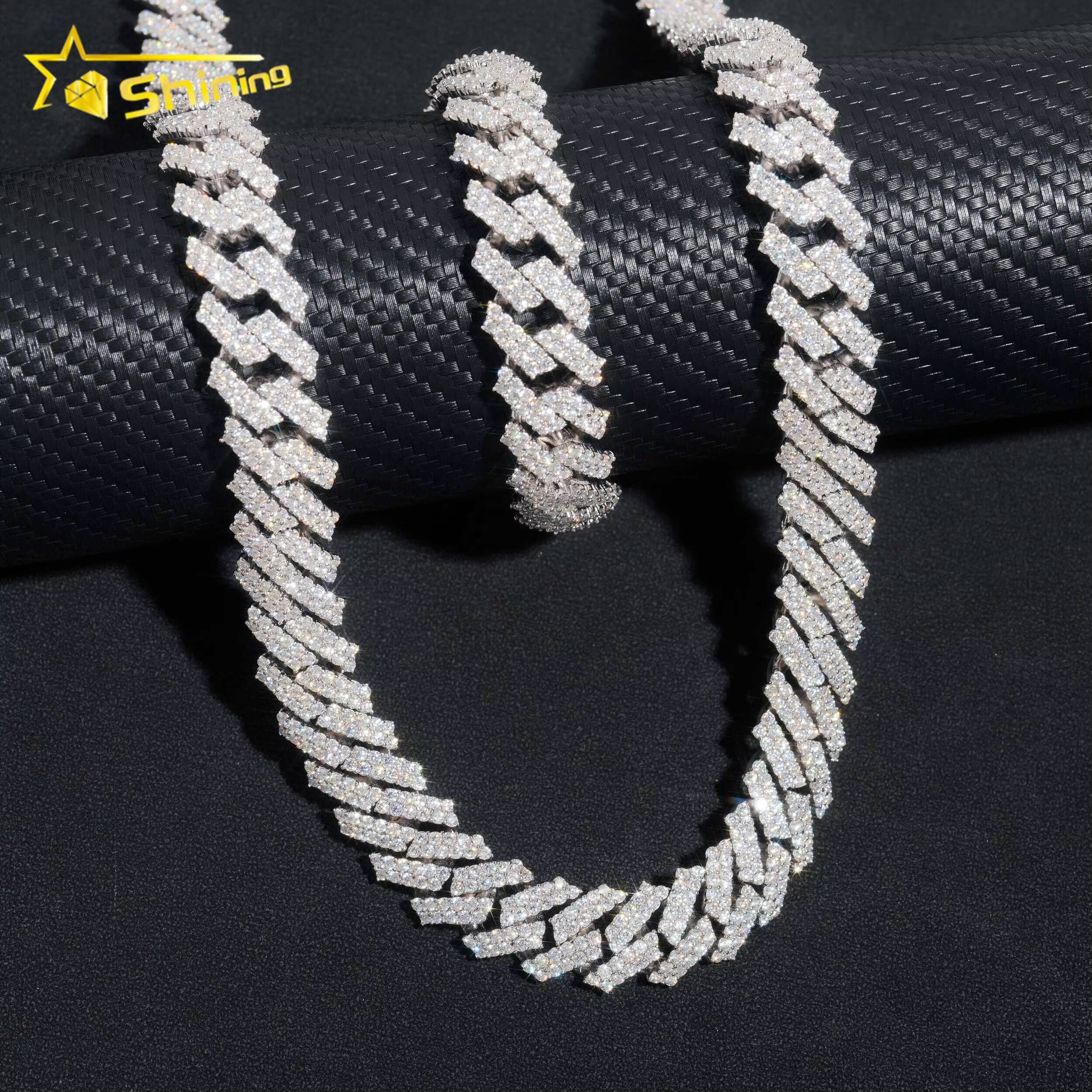 Shining Moissanite Hip Hop Jewelry 15mm 2rows Design Sterling Silver Gold Plated Diamond Moissanite Cuban Link Chain