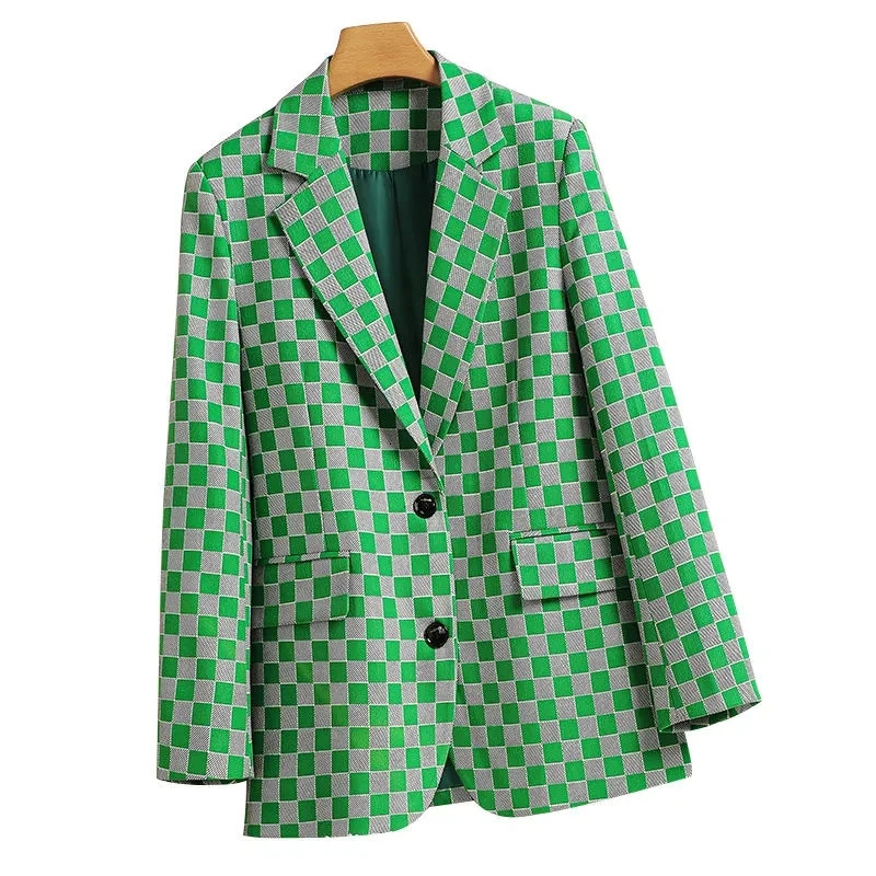 Spring Autumn Products Black Green Checkerboard Plaid Suit Jacket Womens Casual Fashion Trend Blazer 250723