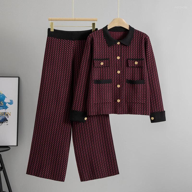 Women's Tracksuits Elegant Turndown Collar Long-sleeved Single-breasted Chequer Cardigan Top Wide Leg Pant 2-piece Set Women Fashion Autumn Desig