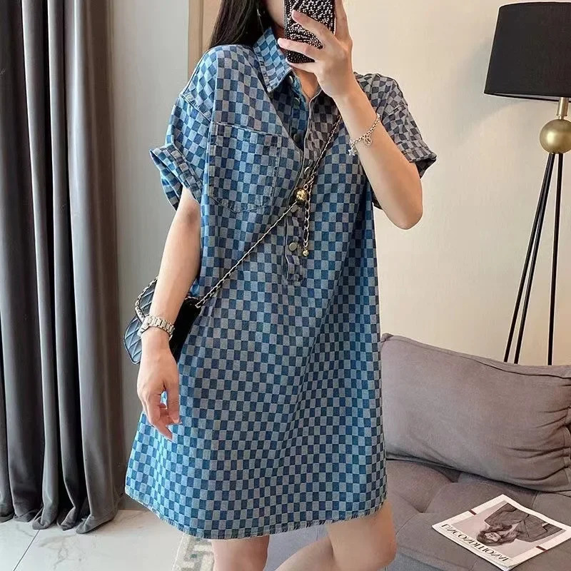 Bluedenim Checkered Dress Womens Summer Arrival Fashionable Stylish Age-Reducing Hong Kong Style Loose-Fit Skirt 250723