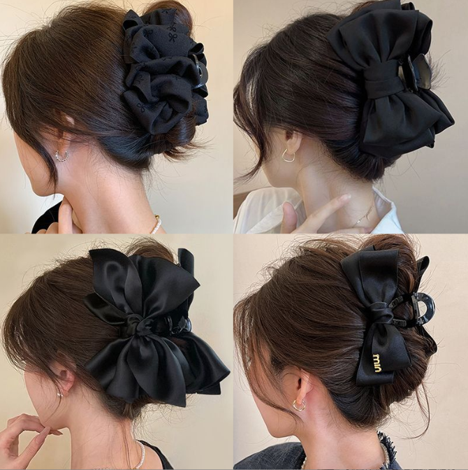 High-end black bubble bow hair clip grabber large plate braid shark clip hair accessory
