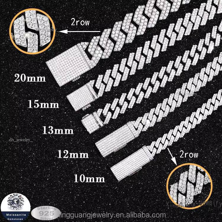 Hip hop Jewelry 2rows 8mm 10mm 12mm VVS Dia Cuban Link Chain Sier Moissanite Necklace