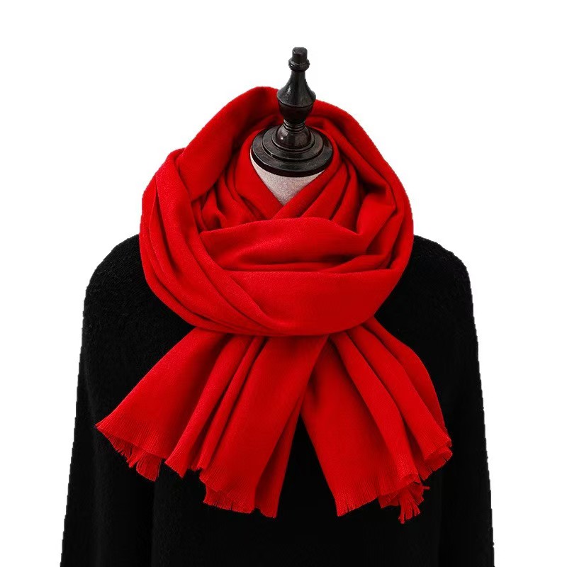 K1444 Short beard scarf shawl high-grade pure color red scarf women autumn and winter all-match wool cashmere scarf wholesale
