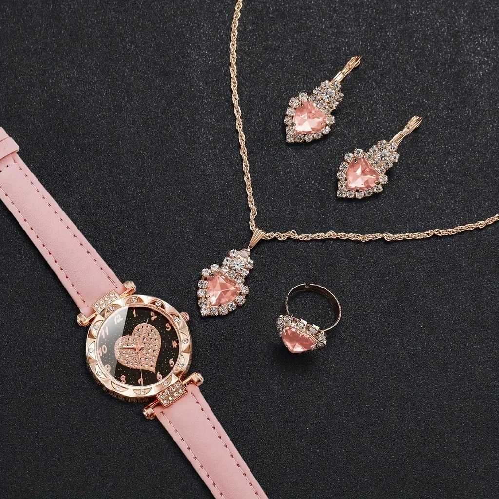 5PCS Women Quartz Watch Set for Gift Heart Shaped Rhinestone Accessories Mother Her W250724
