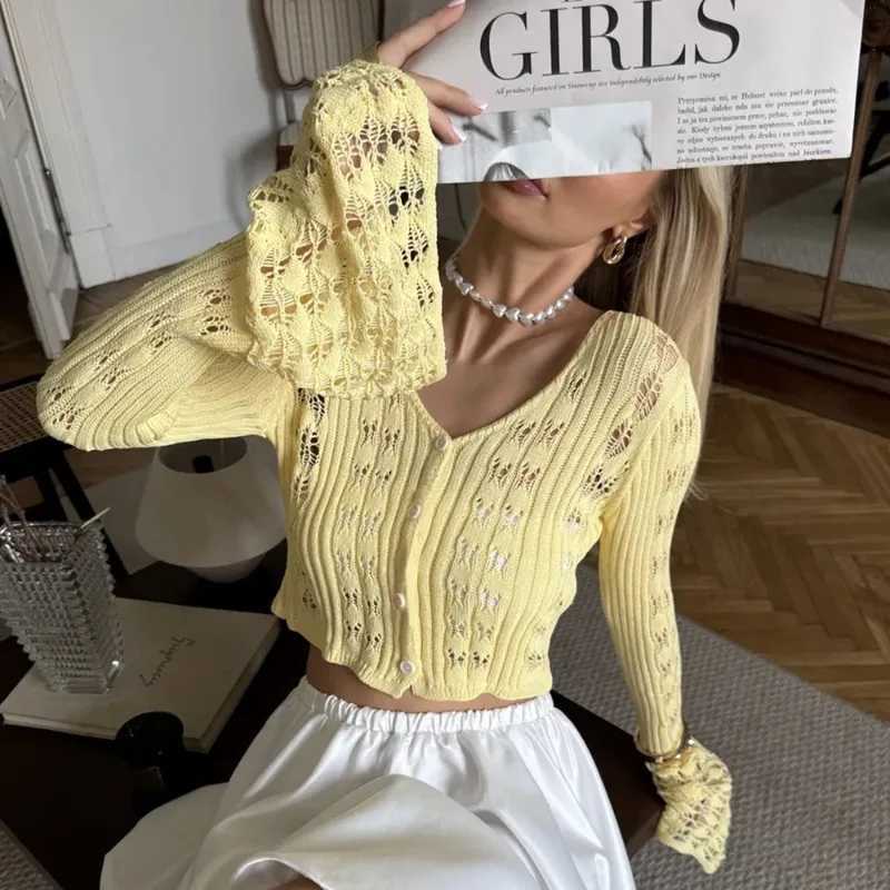 Talenza Knitted Hollow Top Womens V Neck Flared Long Sleeves Buttons Cardigan Top Female Fashion Solid Hotswt Slim Top Women X250724