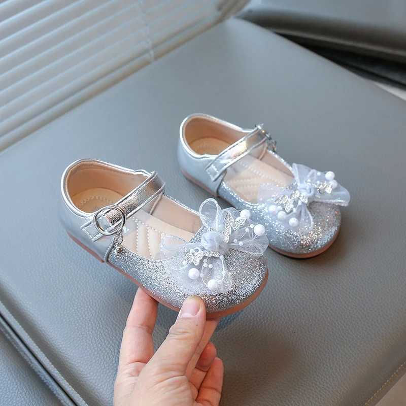 2025 Princess Shoes Mesh Lace Bow Childrens Flat Shoes Shiny Glitter Childrens Leather Shoes Round Head Sweet Hook and Loop XJ250724