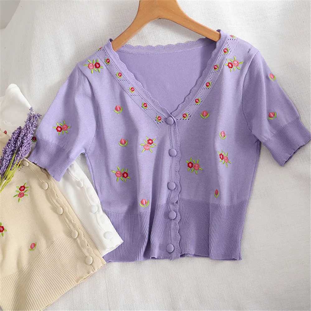 Korean Fashion Knit Crop Cardigan White Color Floral Embroidery Cardigan Shirts V Neck Button Front Top Puff Sleeve Vintage Tops X250724