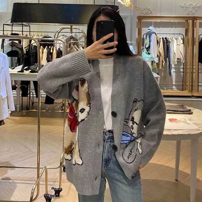 Women Knitted Cardigans Cartoon Cat Pattern Retro Korean Chic Long Sleeve V-neck Sweater Coat Fashion Outerwear Loose Female Top X250724