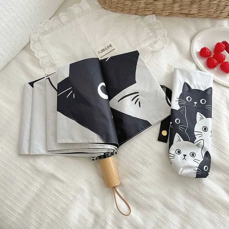 Cartoon Black and White Cat Automatic Umbrella Female Dual-Purpose Folding Sun Umbrella Sunshade Protection UV Sunshade R250724