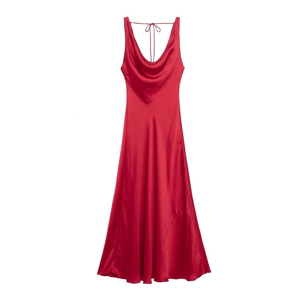 TRAFZA Spring Summer Fashion Women's New Style Swing Collar Silk Satin Texture Backless Long Dress B5