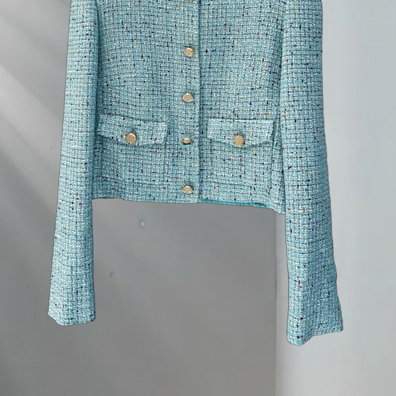 Ladies Peacock Green Tweed Round Neck Jacket Designer Wool Blend Blazer Single-Breasted Y2K Shoulder Pad Clothes S0757