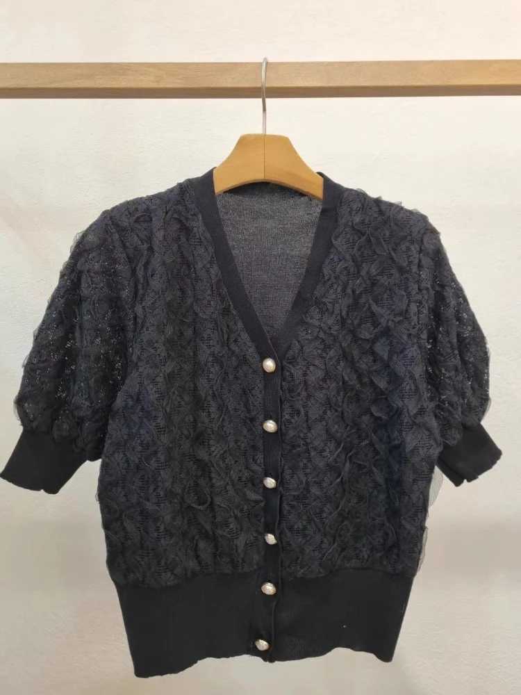 Summer V Neck Single Breasted Swt Cardigan Womens Clothing Lace Patchwork Fashion Sweater Korean All Match Short Sleeve Tops X250724