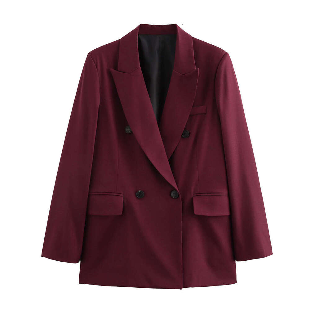 TRAFZA Autumn Winter Women's Fashion Elegant Burgundy Blazer Double-Breasted Jacket For Women B5