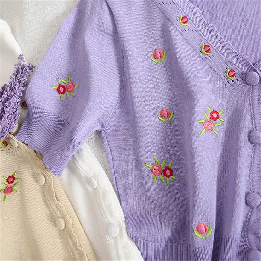 Korean Fashion Knit Crop Cardigan White Color Floral Embroidery Cardigan Shirts V Neck Button Front Top Puff Sleeve Vintage Tops X250724