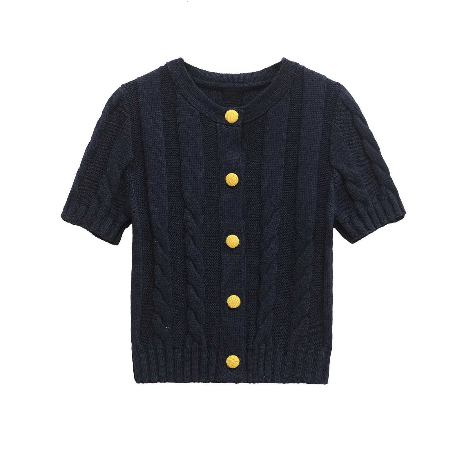 3ZBA Women Slim Fit Cropped Cardigan Round Neck Short Sleeves Gold Button Elastic Hem Solid Casual Sweater Spring Summer New Top X250724