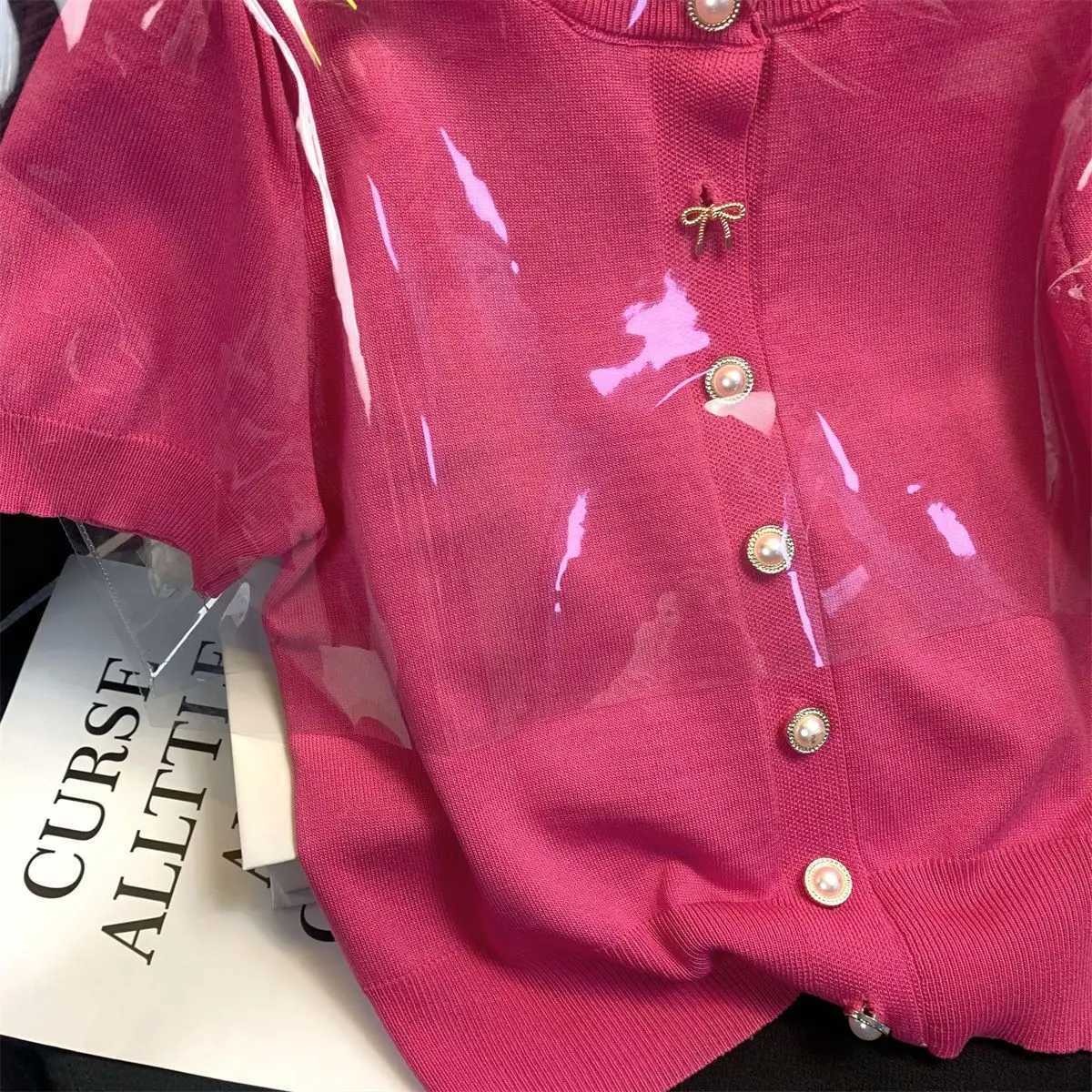 Female Casual Korean Puff Sleeve Knitting Cardigan Summer Temperament Buttons Solid Color O-neck Top Womens Simplicity Tops X250724