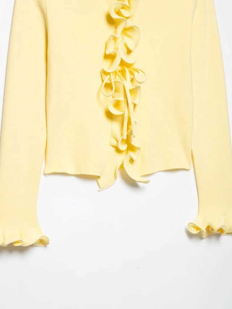 TRZA Womens Fashion Ruffle Cropped Knit Cardigan Sweater Long Sleeve Front Bow Tied Chic Outerwear Top X250724