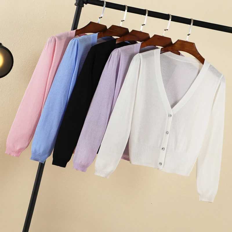 Summer Cardigan Women V-neck Blouses Crochet Top Clothing Cropped Button-down Outerwear Cute Knitted Ladies Sweaters Black Basic X250724