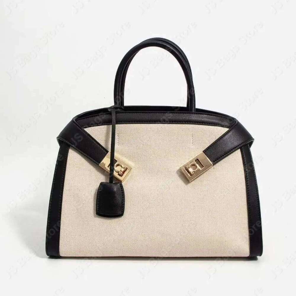 Spacious Brown Leather With White Canvas Satchel Handbag Women Shoulder Bags Crossbody Tote Ladies Messenger Bag Briefcase