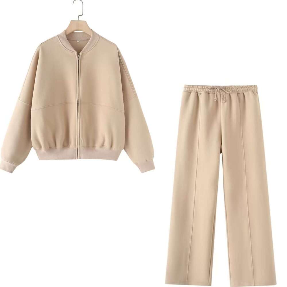 TRAFZA Women's INS Zipper Bomber Jacket Sweatshirt Elastic Waist Pants Set B5