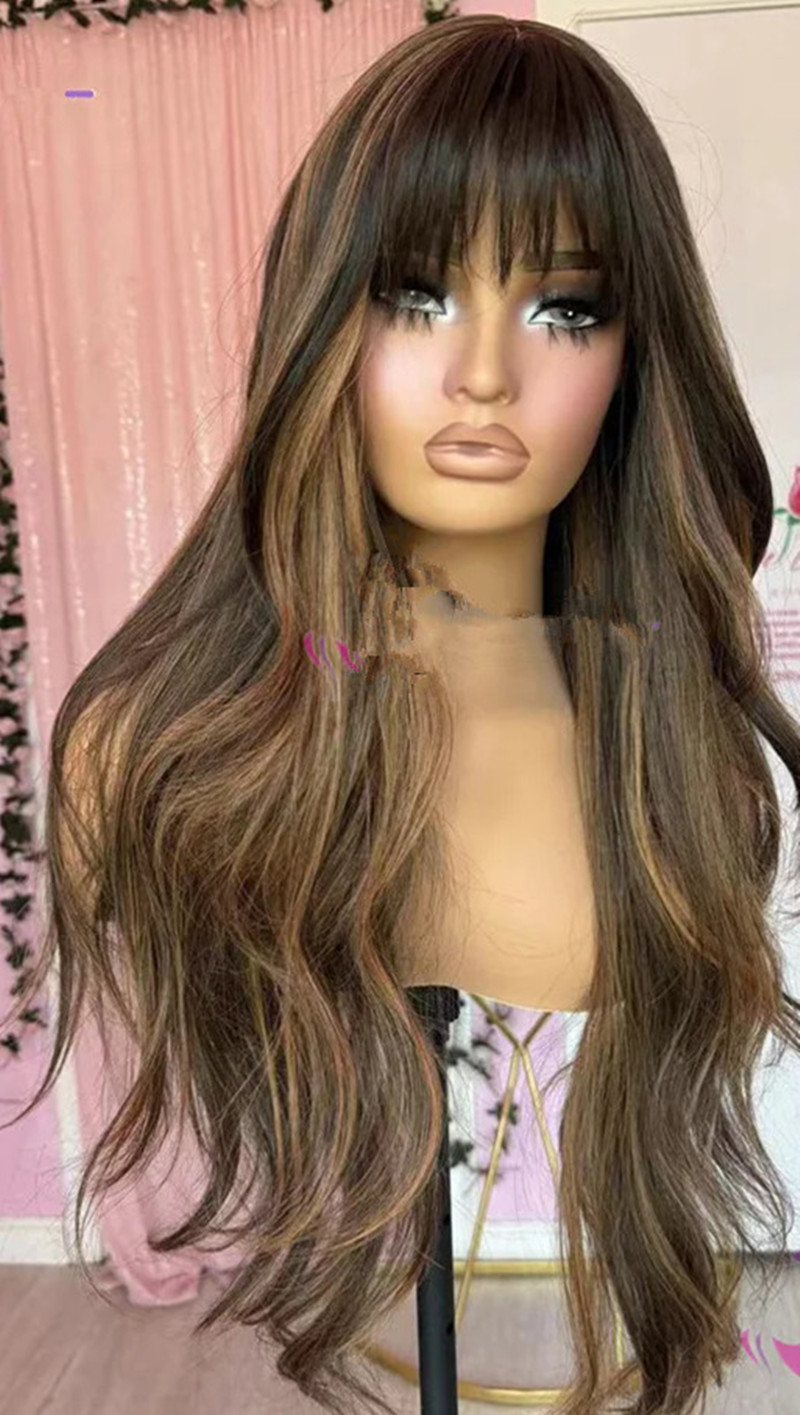 Top Trendy Brown Highlight Body Wave Wig with Bangs Best 180% Density Brazilian Remy 100% Human Hair Wigs With Bangs Natural