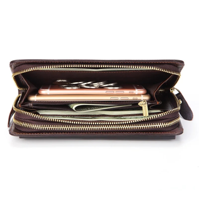 Mens Long Handbag Business Vintage Cow Leather Man Wallet Long Wallet For Man Oil Wax Double Zipper Bag Male Purse 250723