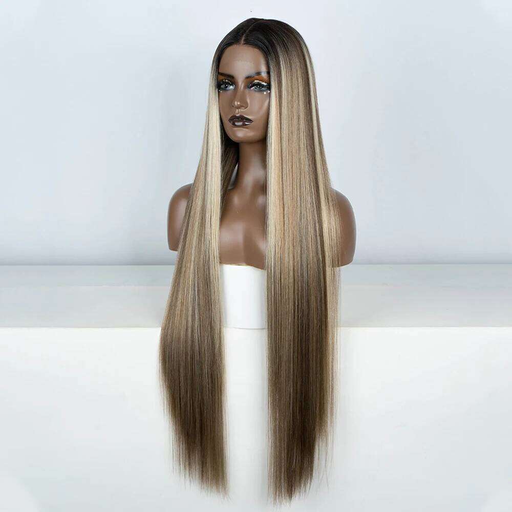 Front Wigs Highlight Brwon Blonde Black For Women Human Hair Long Straight Lace Wig 38Inch Synthetic Heat Resistant Wig