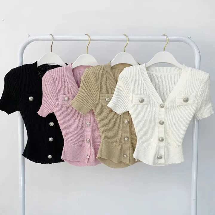 2025 Summer High Slim Versatile Single Breasted Y2K Sexy V-Neck Short Sleeve Knit T-Shirt for Women X250724