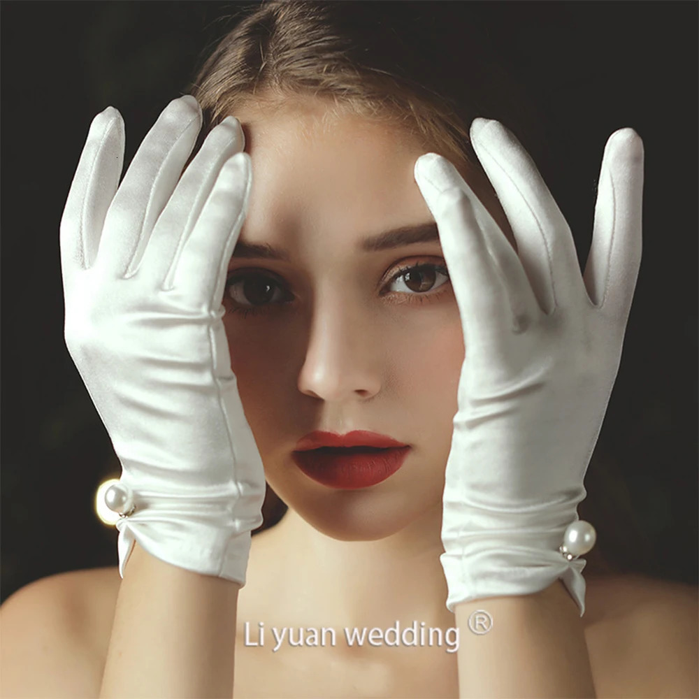 bride wedding dress gloves short chiffon pearl white gloves light dreamy lace wedding gloves 250722