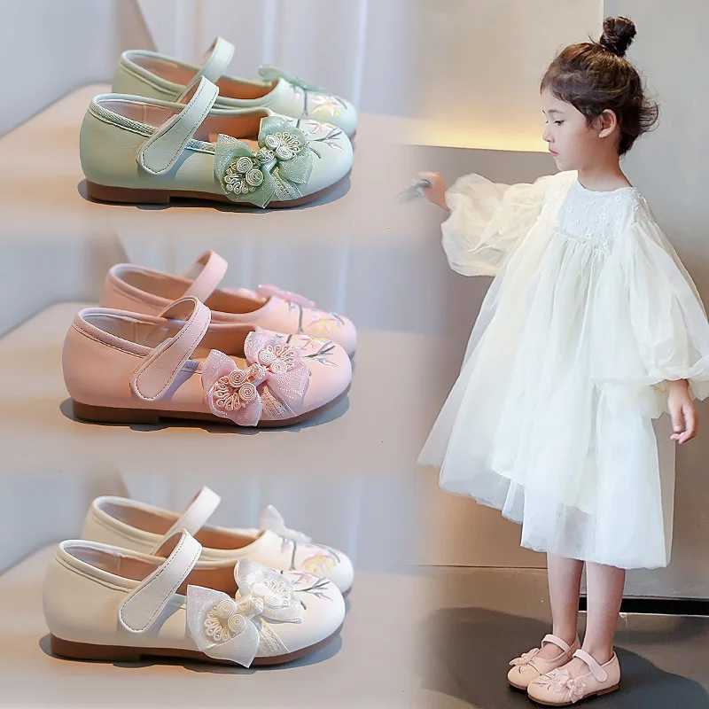 Children Flats Shoes with Mesh Knot Girls Embroidered Leather Shoes for Girls Wedding Kids Elegant Temperament Princess Shoes XJ250724