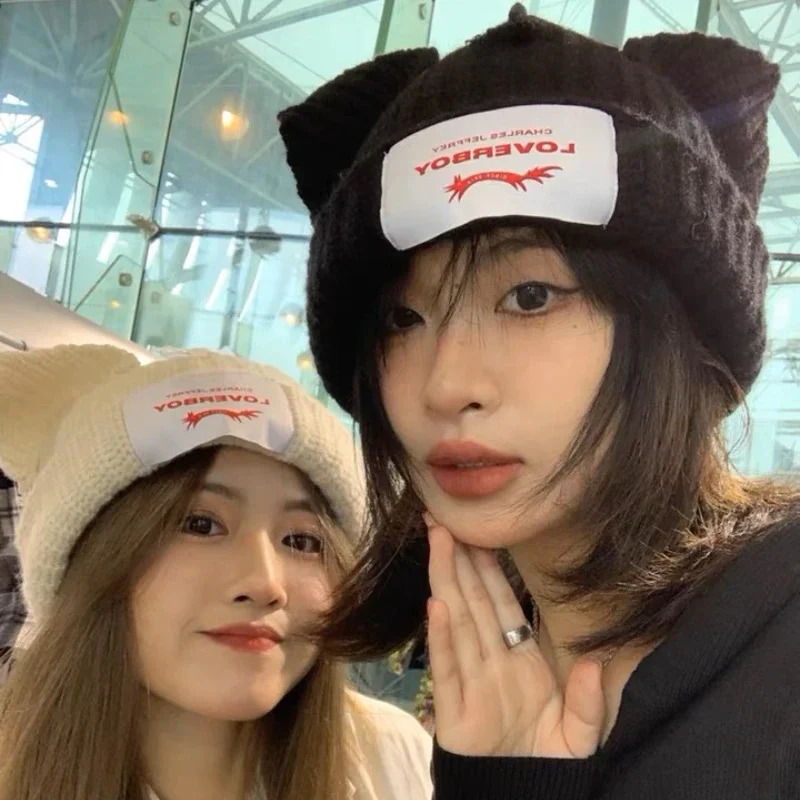 Cute Fashion Hooded Lover Boy Ear Knit Double-layer Warm Fox Ear Woolen Hat Niche n Hip-hop Personality Cold Hat Y2k 250722